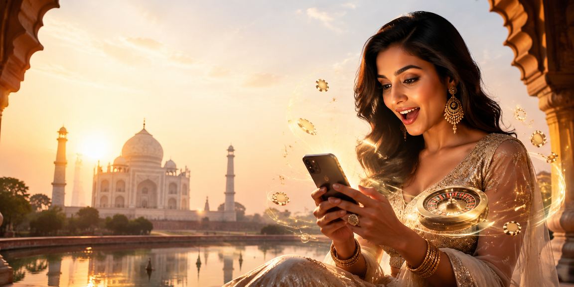Modern Indian woman using casino app outdoors